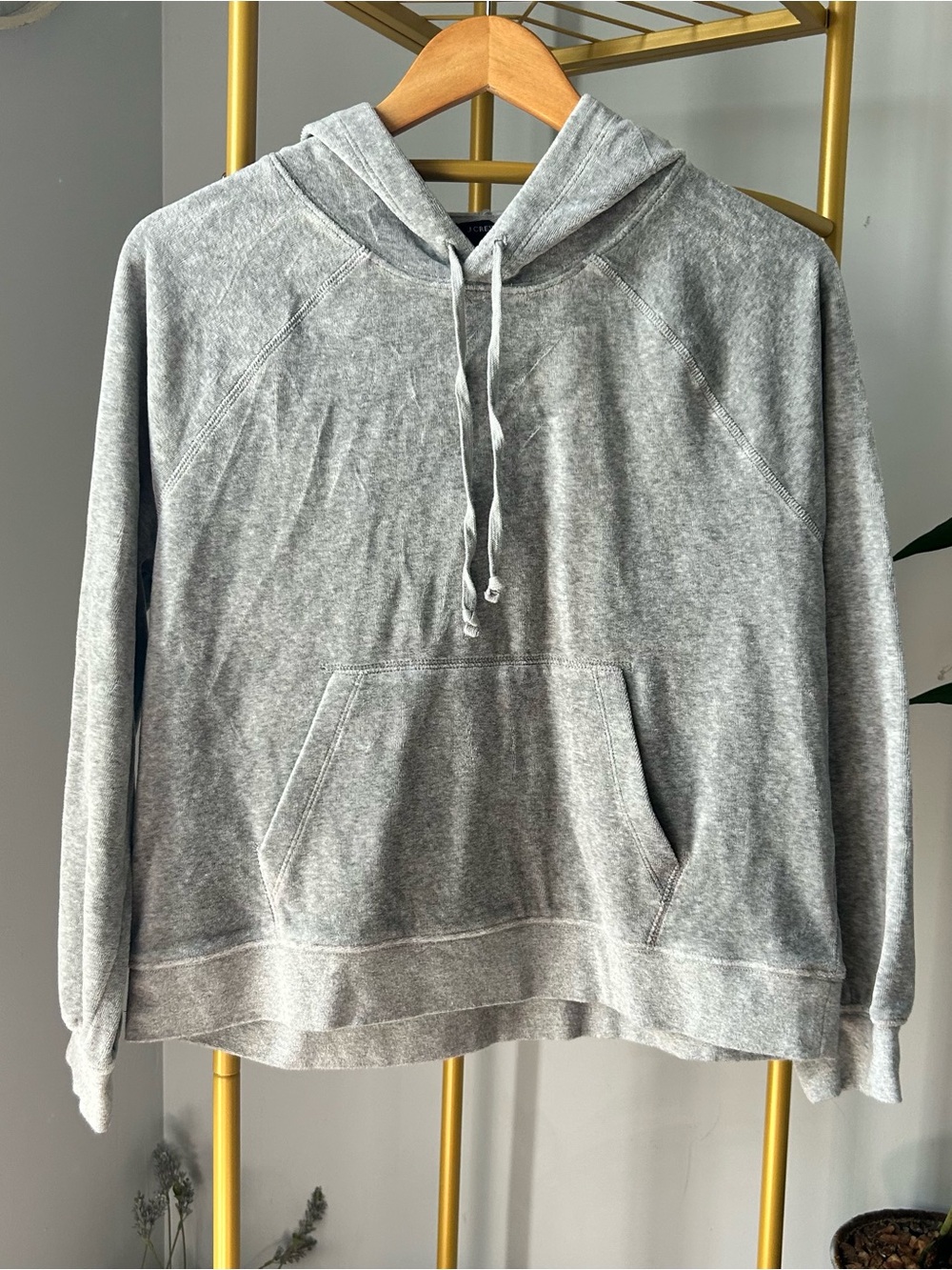 J. Crew minimalist Athleisure Heather Gray velour Hooded Sweatshirt size S